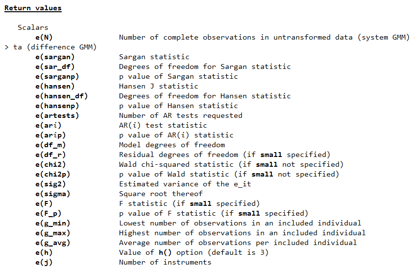 macros of xtabond2 command in stata